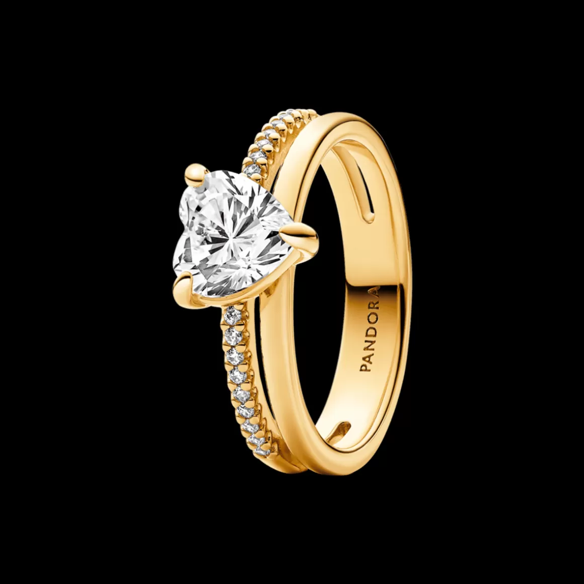 Pandora Anéis De Ouro-Anel de Ouro Aro Duplo Coração Brilhante