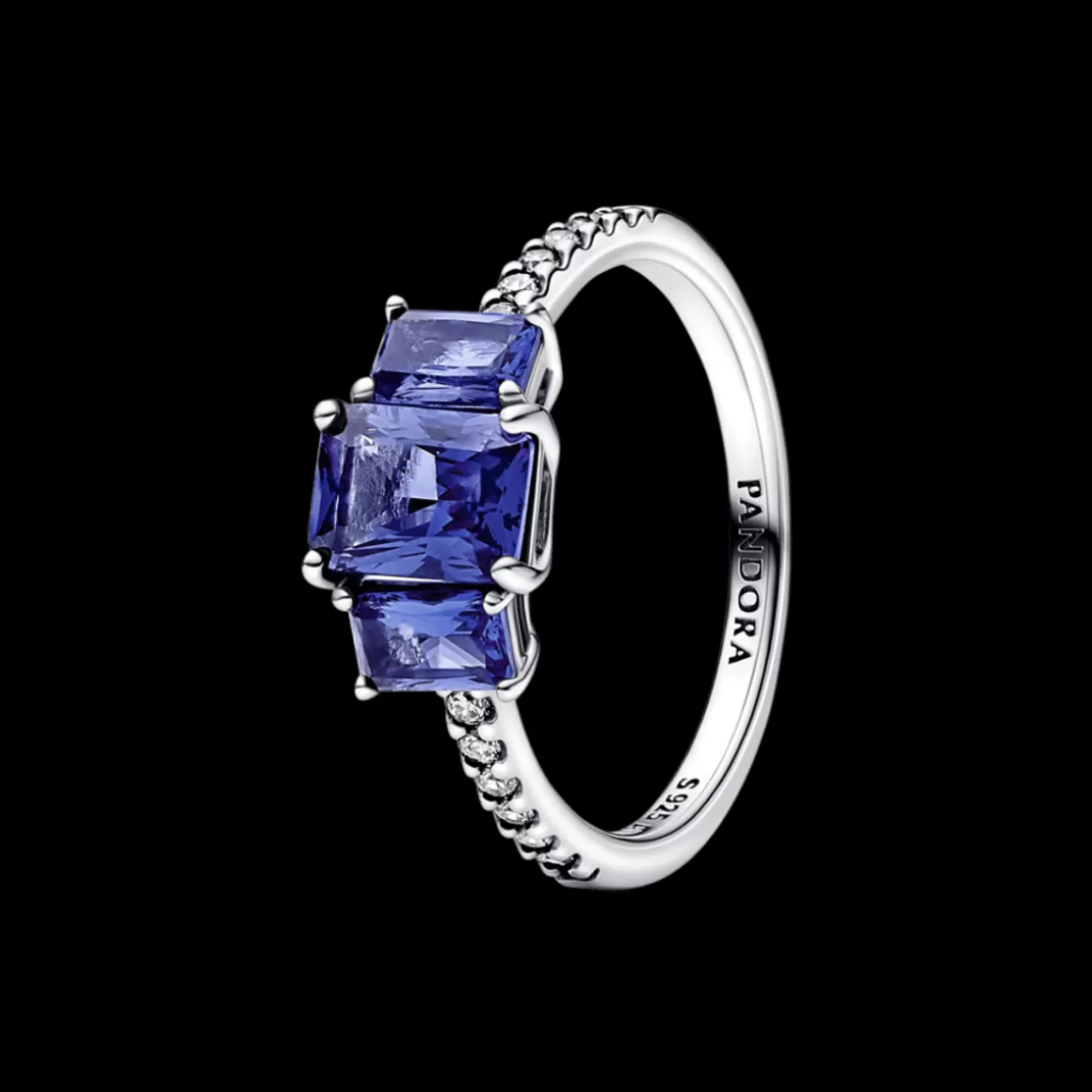 Pandora Anéis De Prata-Anel de Prata Três Pedras Retangulares Azul