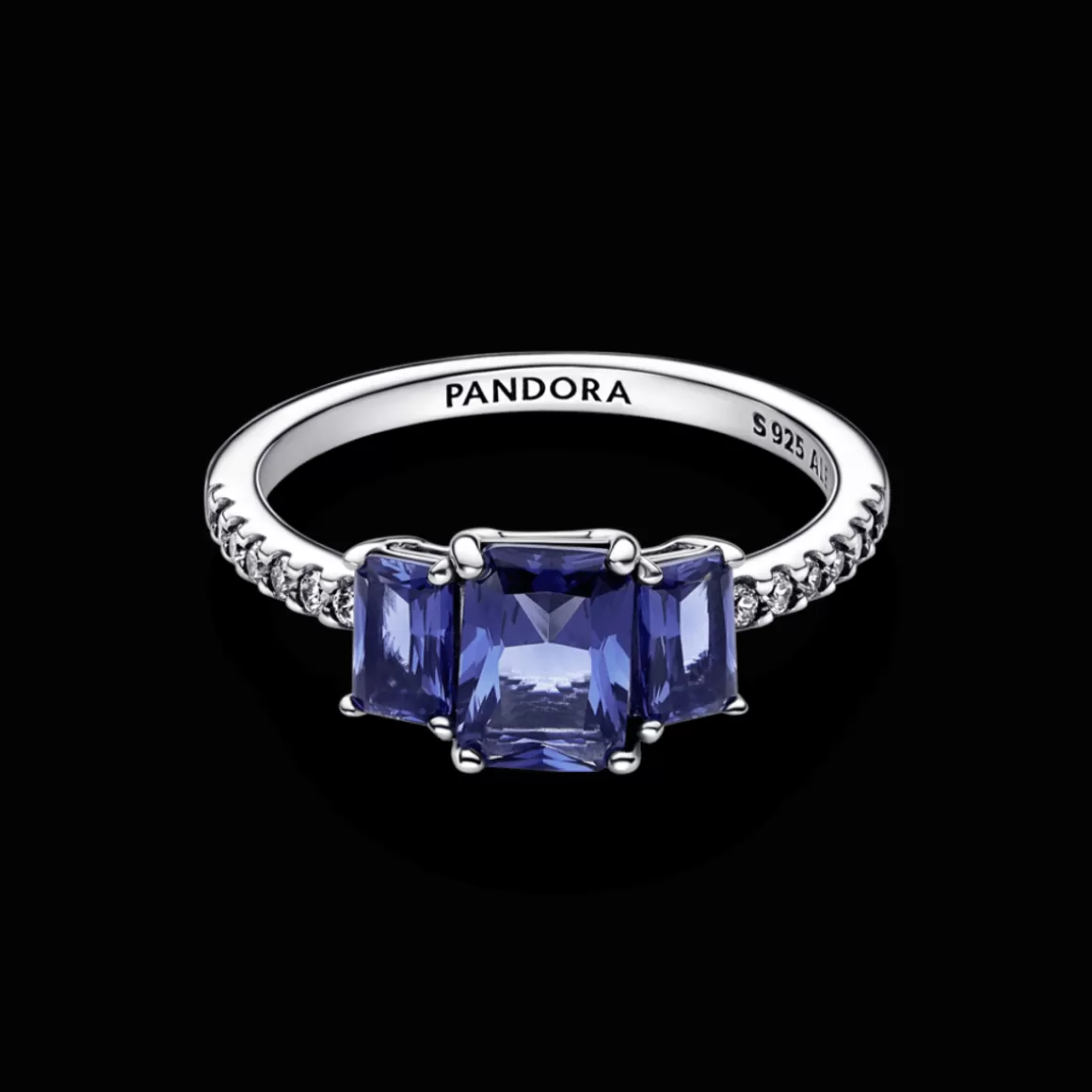 Pandora Anéis De Prata-Anel de Prata Três Pedras Retangulares Azul