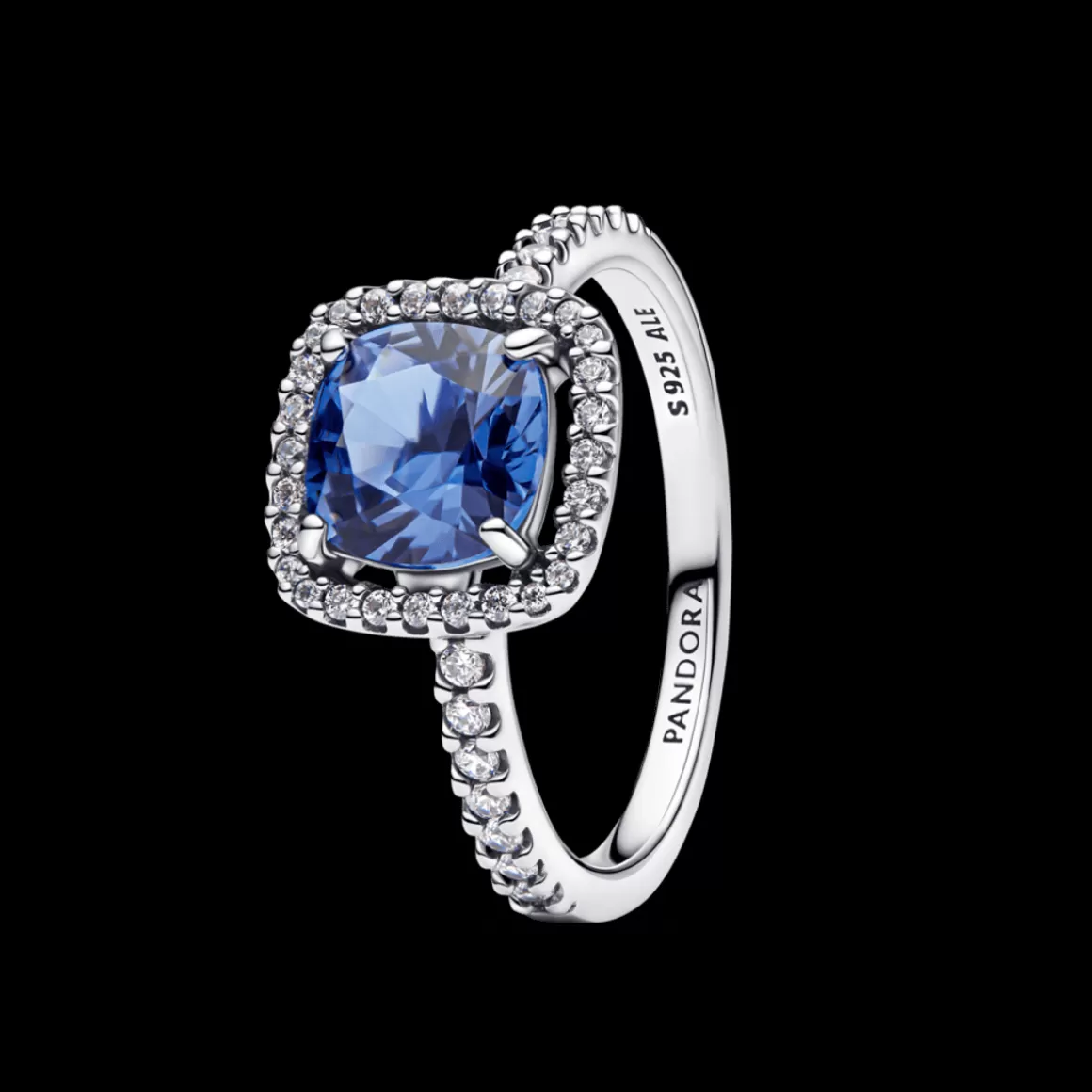 Pandora Anéis De Cristal | Anéis De Prata-Anel Solitário Prata Pequeno Quadrado Azul Brilhante