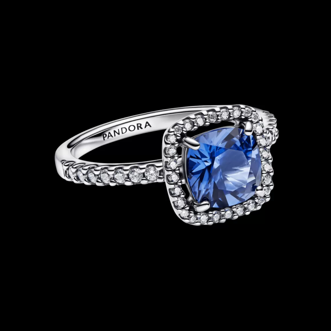 Pandora Anéis De Cristal | Anéis De Prata-Anel Solitário Prata Pequeno Quadrado Azul Brilhante