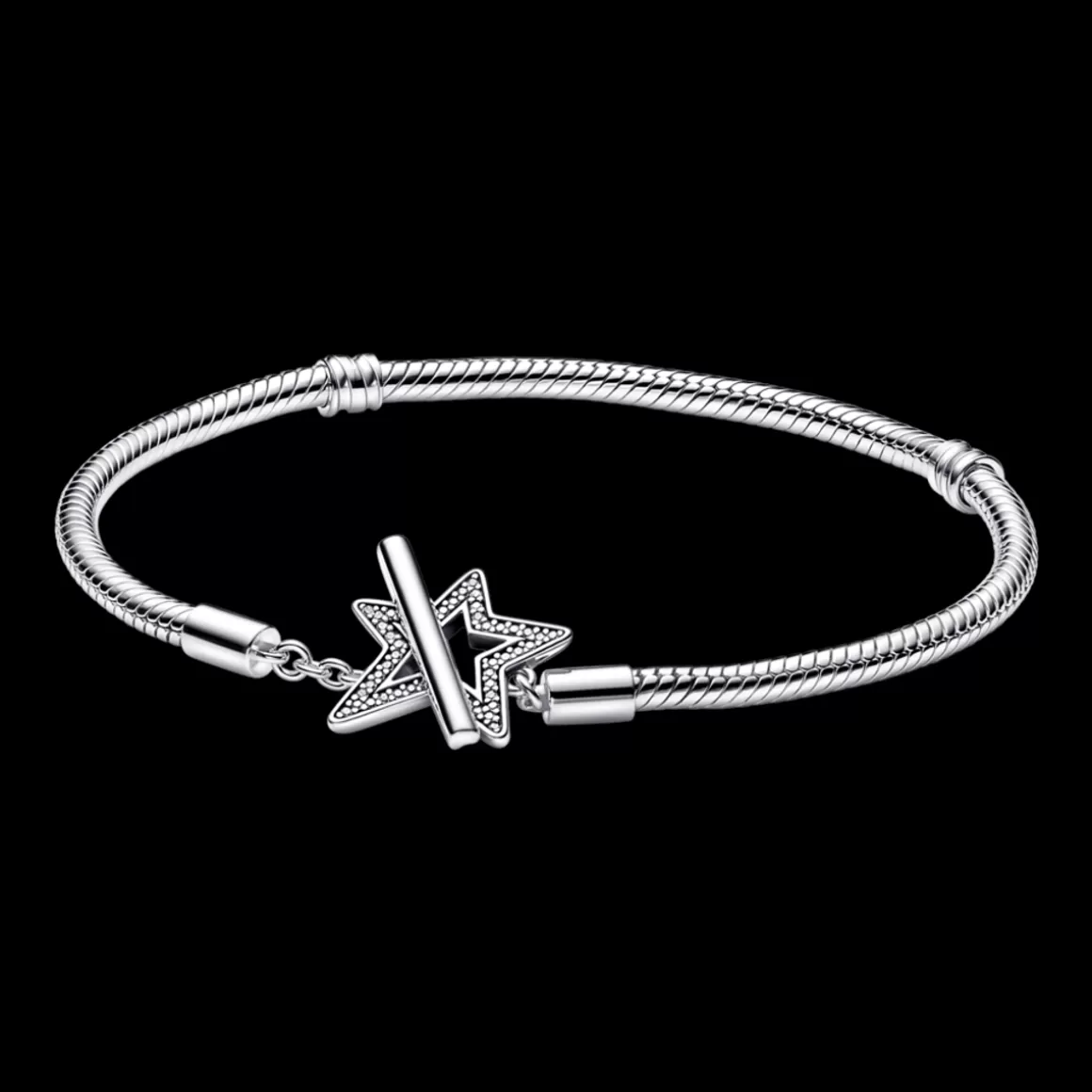 Pandora Braceletes Maleáveis Em Prata-Bracelete de Prata em Trama e Fecho T Estrela Assimétrica