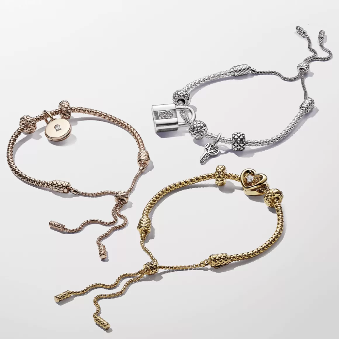 Pandora Braceletes Maleáveis Em Ouro Rosé-Bracelete Ouro Rosé Corrente Cravejada Ajustável