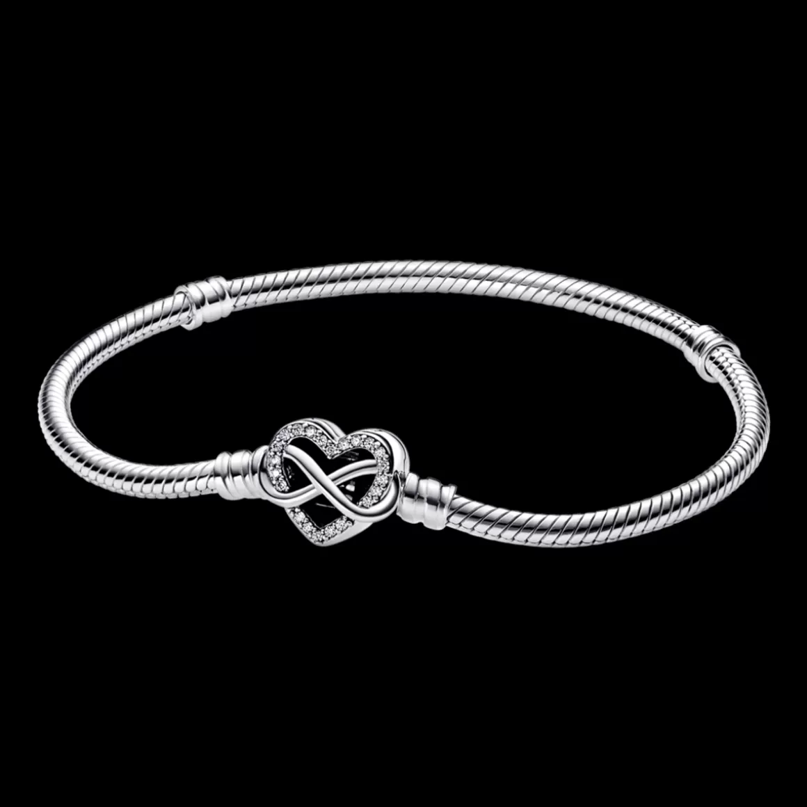 Pandora Braceletes Maleáveis Em Prata-Bracelete Prata em Trama e Fecho Coração Infinito Brilhante