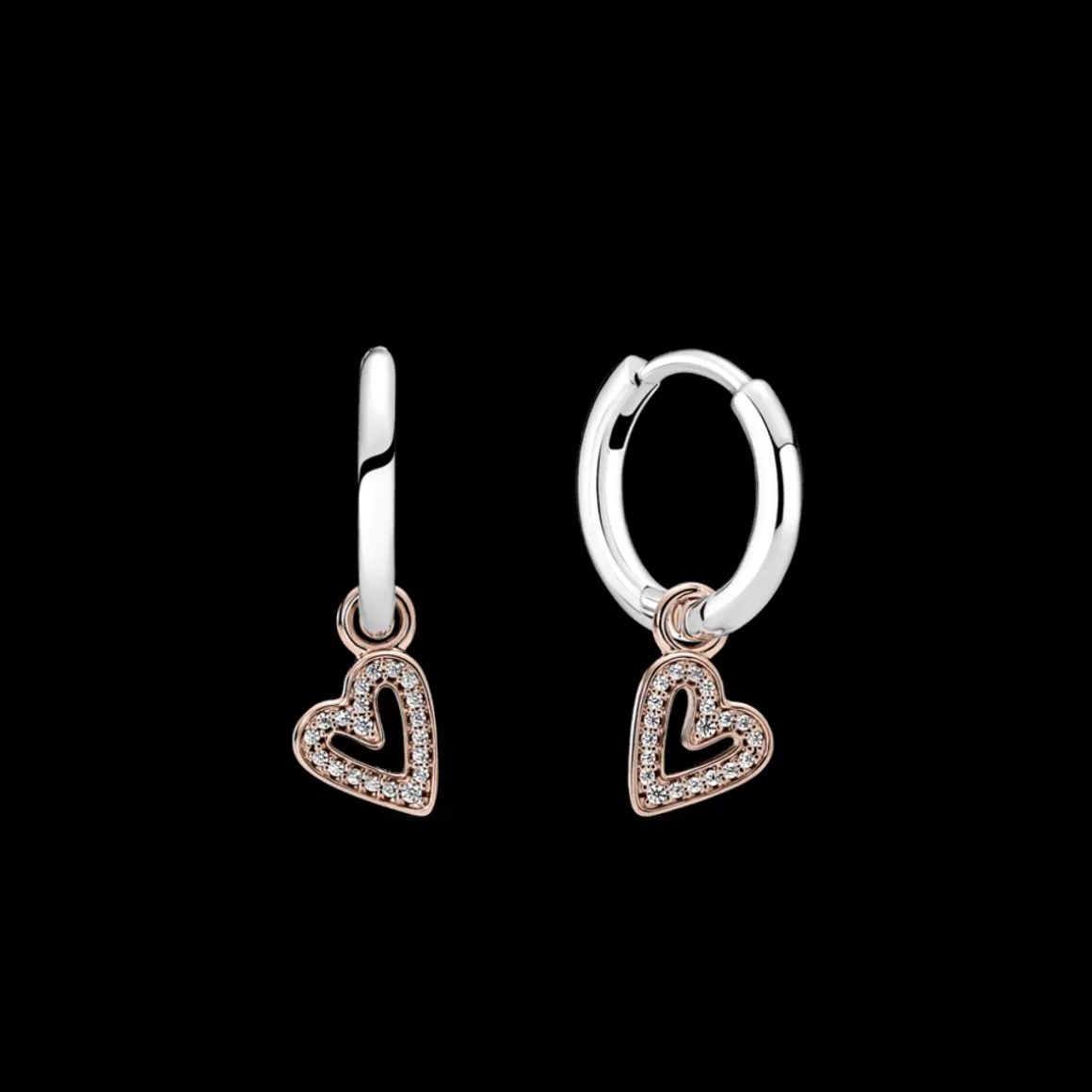 Pandora Brincos De Argola Dois Tons-Brinco Argola Prata e Mini Charm Coração a Mão Livre Rosé Brilhante