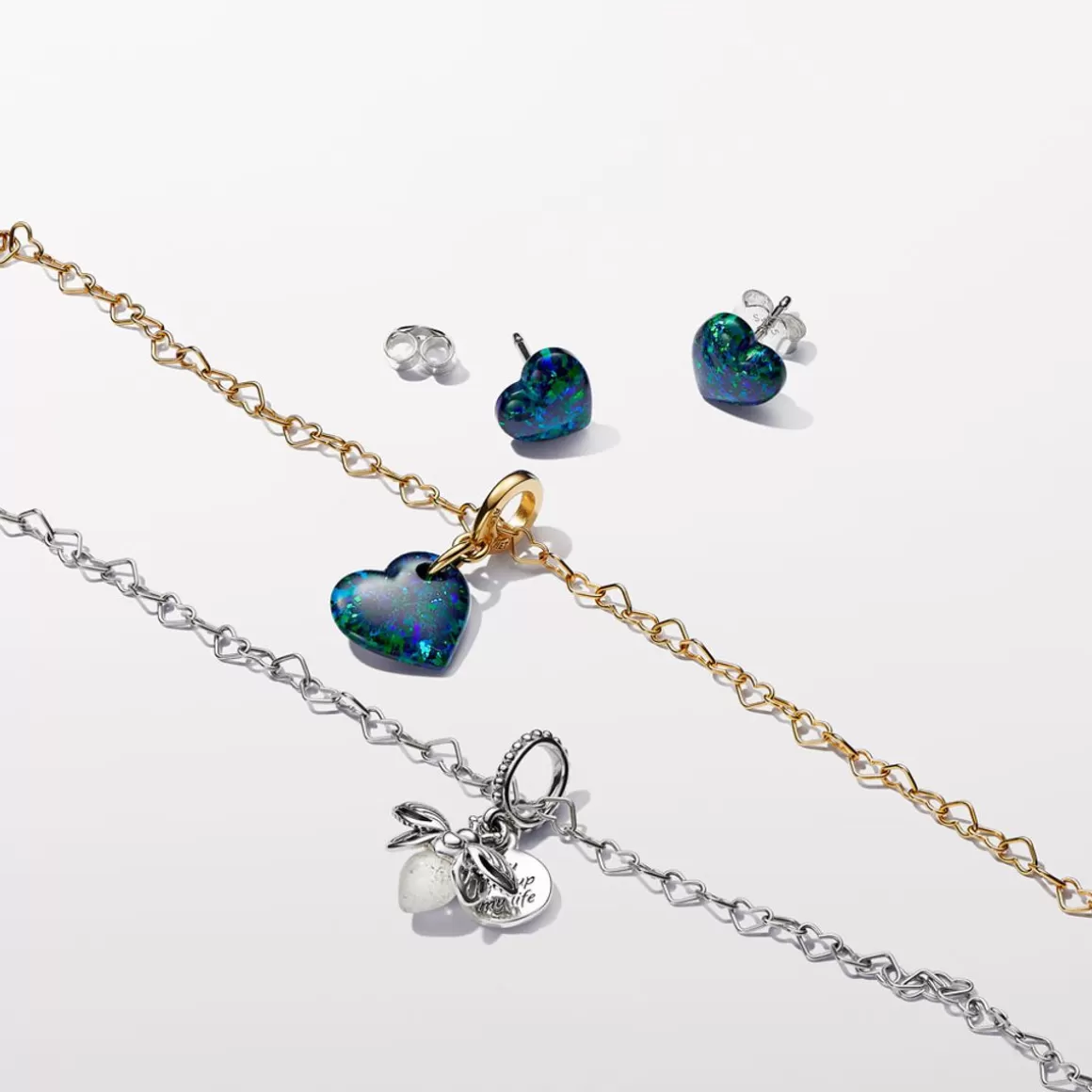 Pandora Brincos Petit Com Pedra | Brincos De Prata-Brinco De Prata Coracao Opala Verde E Azul