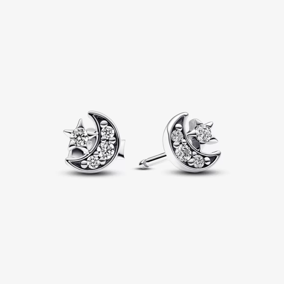 Pandora Brincos Petit De Prata-Brinco de Prata Pequeno Lua Crescente e Estrela em Pavé