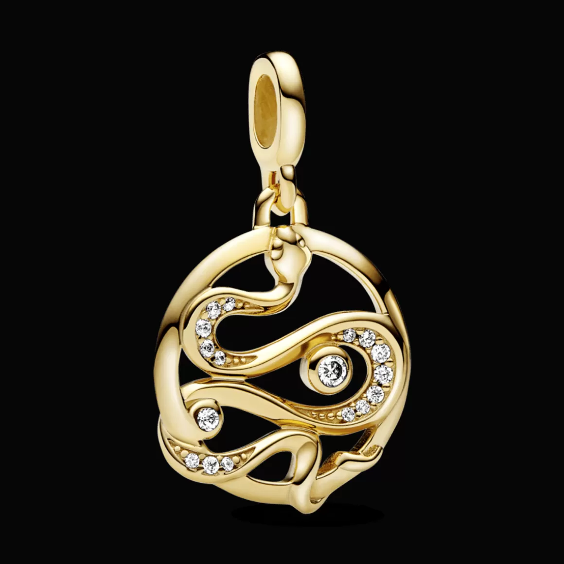 Pandora Charms Pendentes De Ouro | Charms Cristal-Charm de Ouro Medalhão Cobra em Pavé