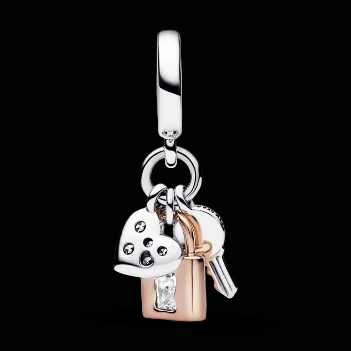 Pandora Charms Pendentes Dois Tons | Charms Esmaltados-Charm Pendente Chave, Cadeado e Coração