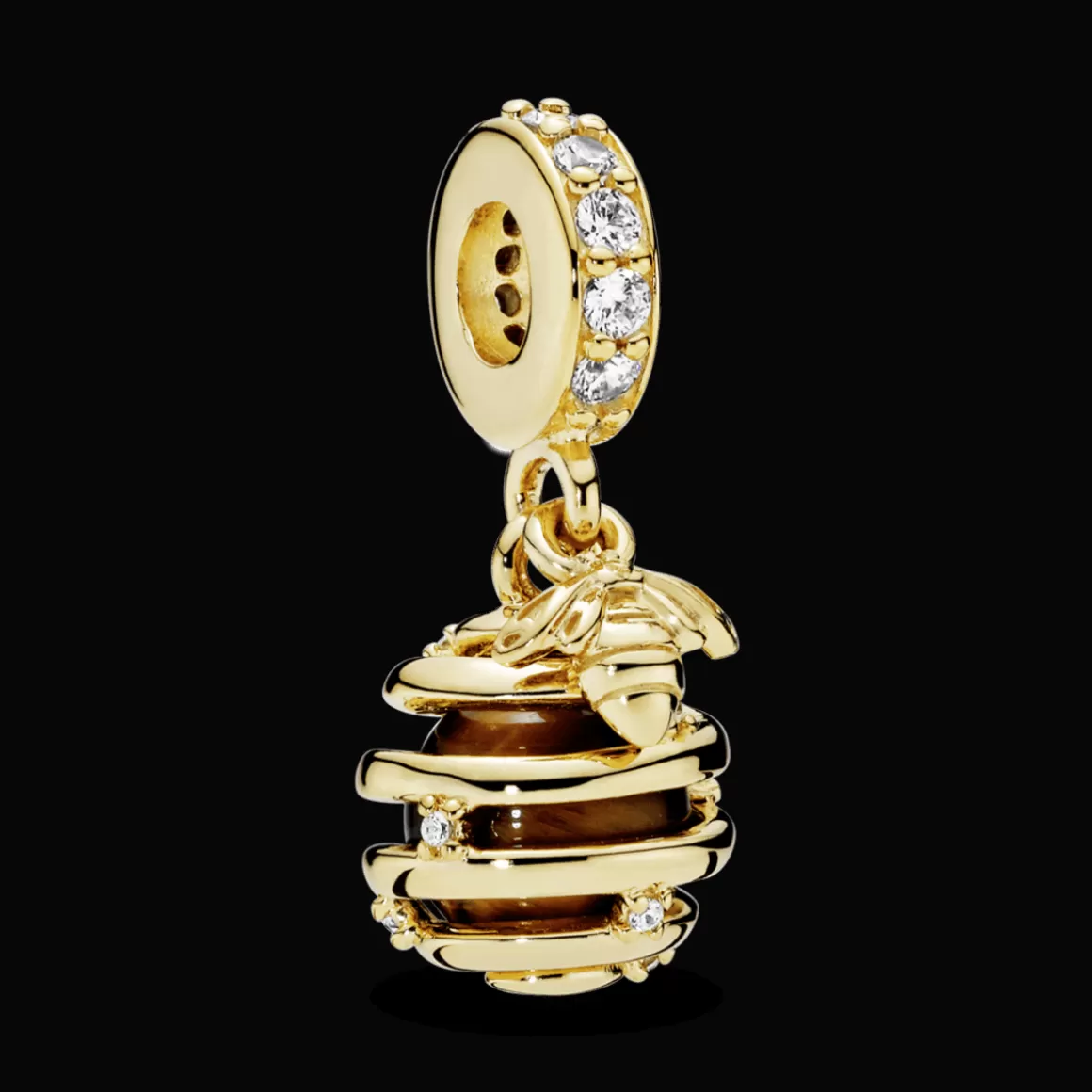 Pandora Charms Pendentes De Ouro-Charm Pendente Colmeia Com Pedra Olho De Tigre em Ouro 14k