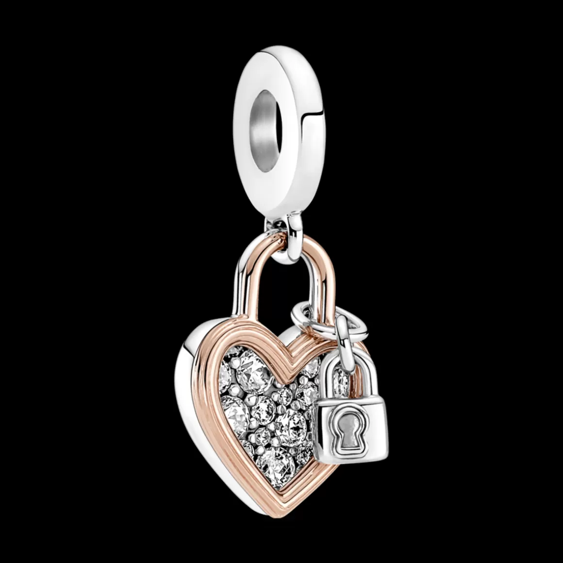 Pandora Charms Pendentes Dois Tons | Charms Cristal-Charm Pendente Coração e Cadeado em Dois Tons