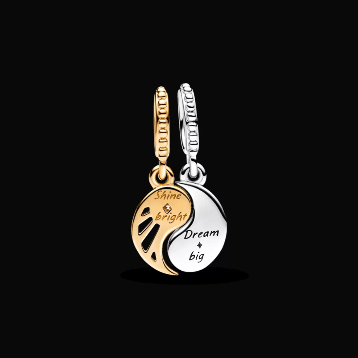 Pandora Charms Pendentes Dois Tons | Charms Esmaltados-Charm Pendente Divisível Sol e Lua em Dois Tons