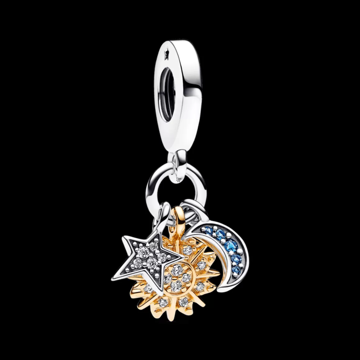 Pandora Charms Pendentes Dois Tons | Charms Cristal-Charm Pendente Sol, Lua e Estrela em Dois Tons