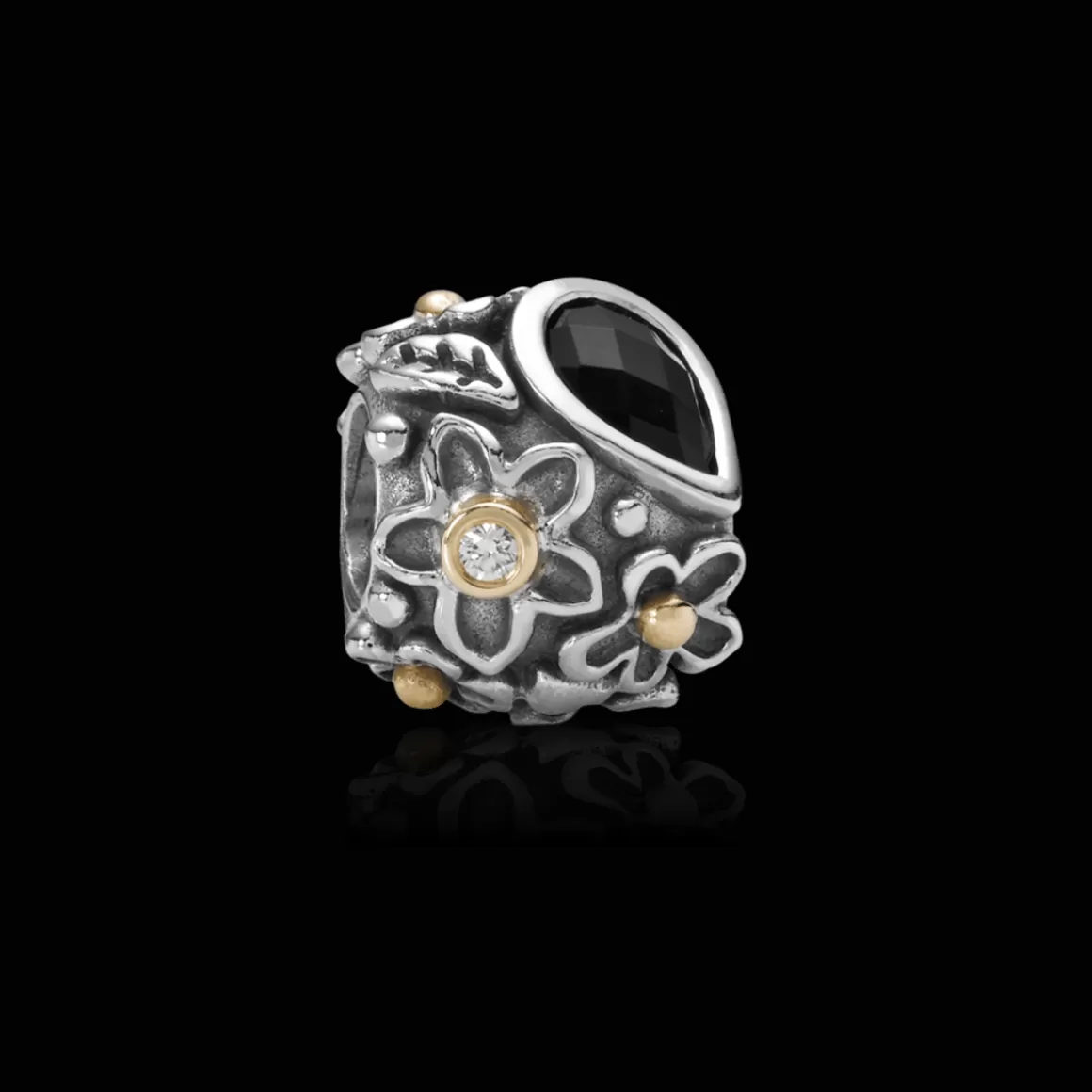 Pandora Charms De Diamantes | Charms Dois Tons-Charm Prata Flor E Folhas Diamante 0_15 Quilates