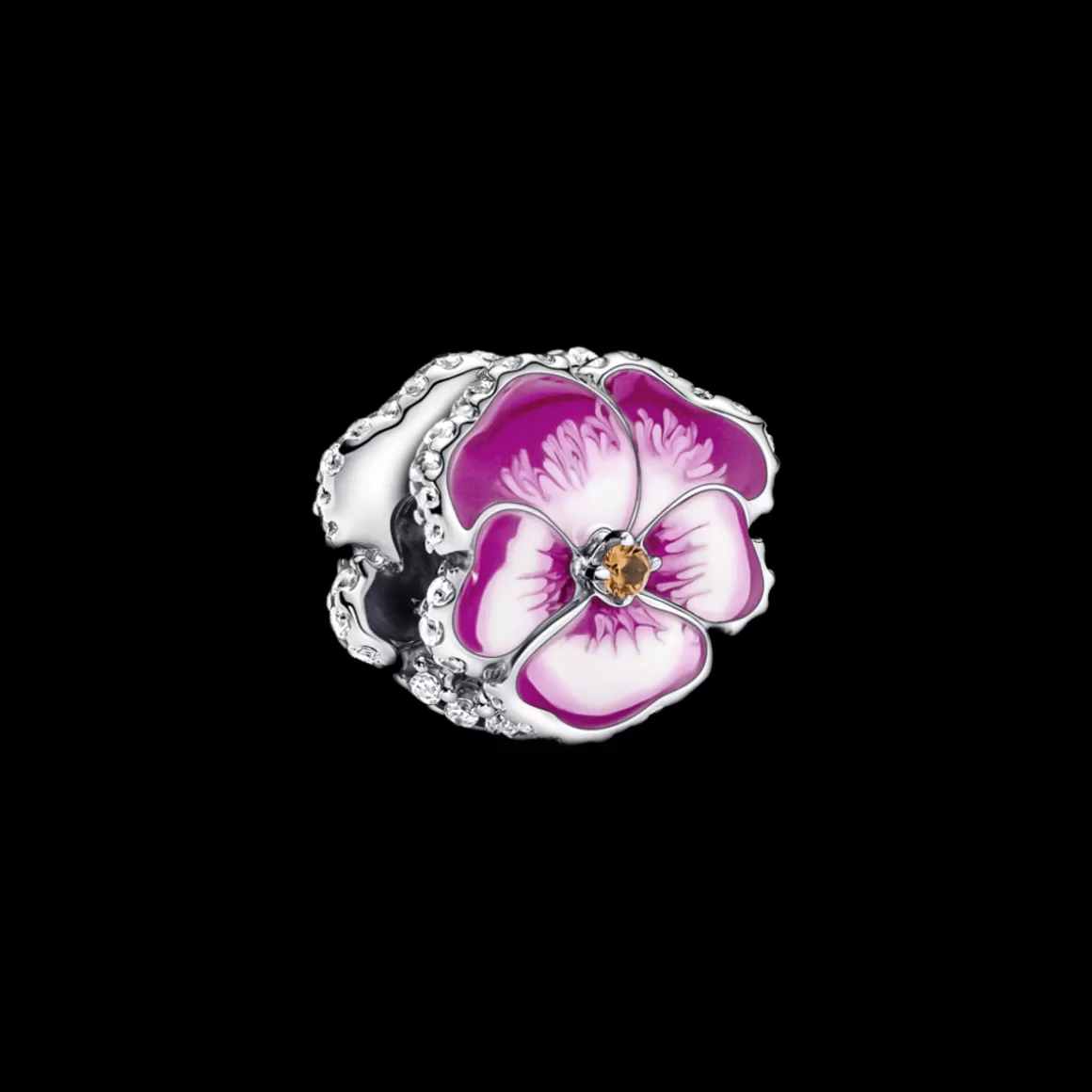 Pandora Charms De Prata-Charm Prata Flor Rosa Amor Perfeito em Pavé