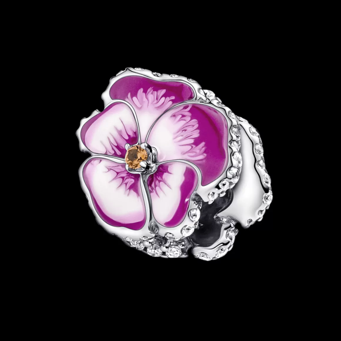 Pandora Charms De Prata-Charm Prata Flor Rosa Amor Perfeito em Pavé