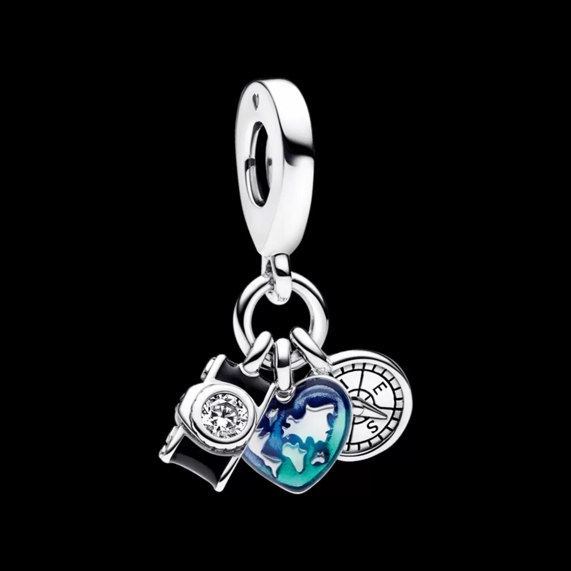 Pandora Charms Pendentes De Prata | Charms Esmaltados-Charm Prata Pendente Câmera, Coração e Bússola