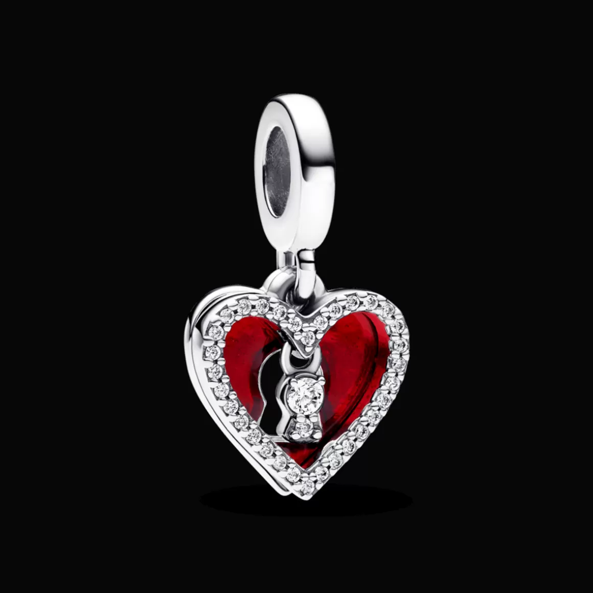 Pandora Charms Pendentes De Prata | Charms Esmaltados-Charm Prata Pendente Coração Vermelho e Fechadura