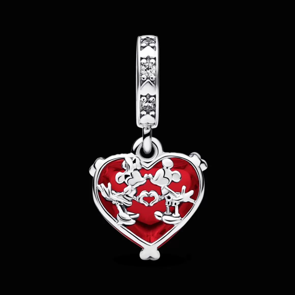 Pandora Charms Pendentes De Prata | Charms Com Pedra-Charm Prata Pendente Disney Beijo Mickey e Minnie e Coração Vermelho
