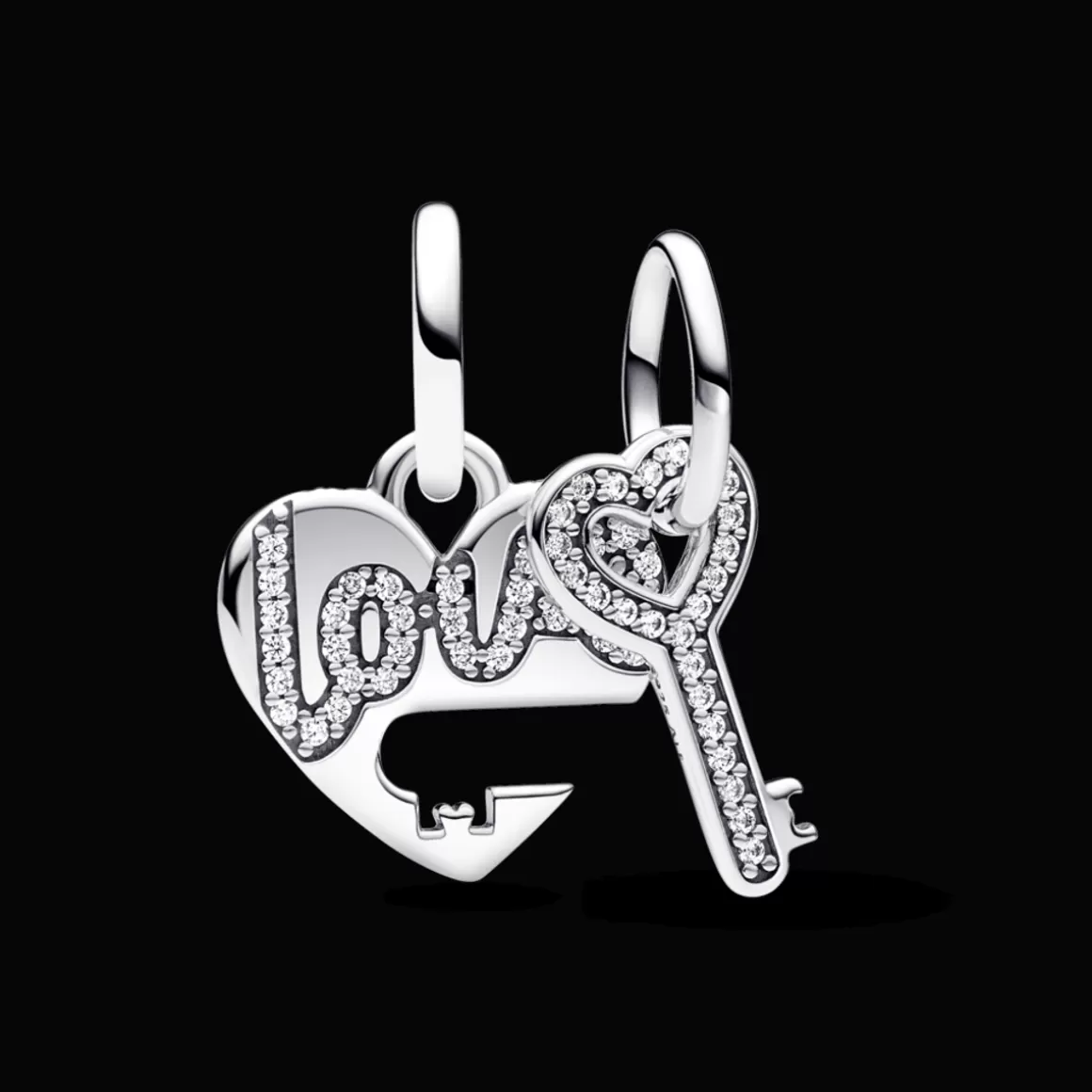 Pandora Charms Pendentes De Prata | Charms Cristal-Charm Prata Pendente Divisível Coração e Chave em Pavé