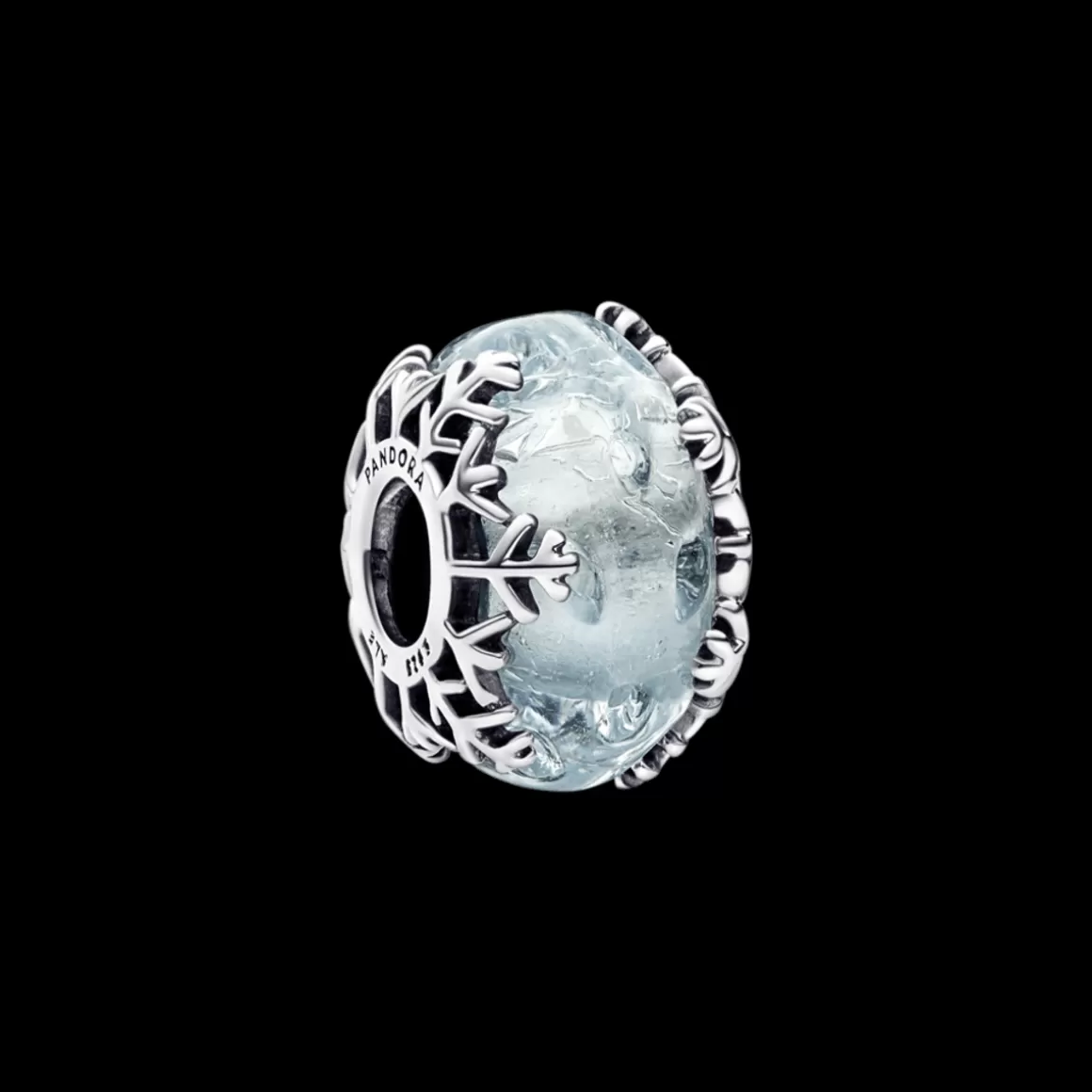 Pandora Charms Com Pedra | Charms De Murano-Charm Prata Redondo Floco de Neve em Vidro Murano Azul