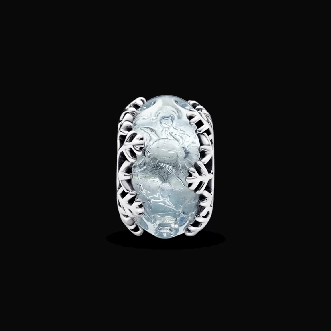 Pandora Charms Com Pedra | Charms De Murano-Charm Prata Redondo Floco de Neve em Vidro Murano Azul