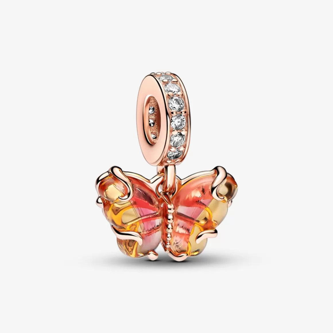 Pandora Charms De Ouro Rosé | Charm Pendente De Murano-Charm Rose Pendente Borboleta Em Vidro Murano Laranja E Rosa