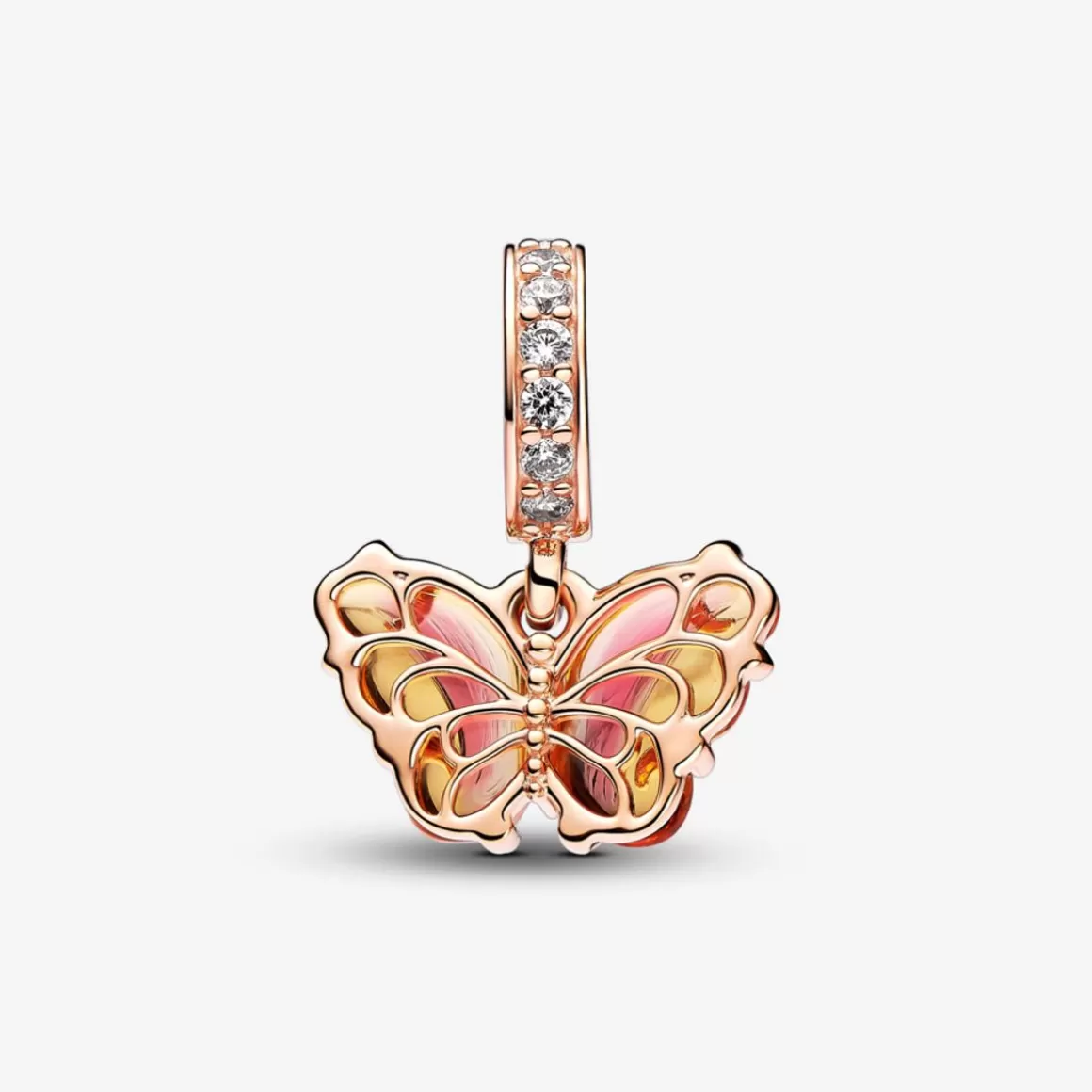 Pandora Charms De Ouro Rosé | Charm Pendente De Murano-Charm Rose Pendente Borboleta Em Vidro Murano Laranja E Rosa